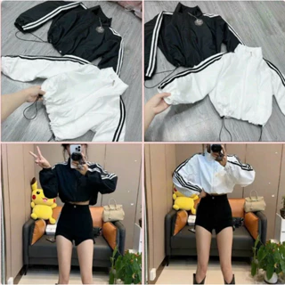 Áo khoác dù lửng kiểu croptop cổ trụ Nữ 2 sọc thể thao dây kéo phao kèm túi trong tiện lợi MCTPcroptop462 462