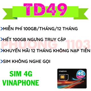 Sim 4G vina TD49 tặng 100gb/tháng, D169G tặng 7gb/ngày, miễn phí 12 tháng không phải nạp tiền