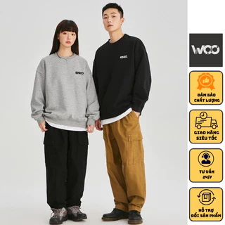 Áo sweater nam nữ WoO form rộng cổ tròn unisex mặc cặp đôi màu kem sáng chất nỉ bông dày mặc siêu ấm