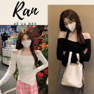 Áo kiểu nữ trễ vai ôm body kèm dây yếm tay dài tà xéo chất vải áo thun cotton mềm dày co dãn áo kiểu mới 2023 Mocshop