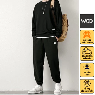 Đồ Bộ Quần Áo Thun nam nữ WOO phong cách unisex phối viền cá tính trẻ trung Form rộng chất cotton tổ ong co giãn thoáng