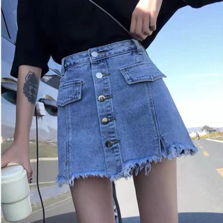 Quần short jean nữ giả váy cạp cao tua gấu phong cách ulzzang 2 màu xanh đen Shop Hạt Dẻ L2