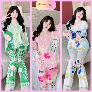 (40-65kg) Đồ bộ Pijama Ren phối bèo tiểu thư, nút đính đá Tay Dài Quần Dài, Bộ ngủ mặc nhà Lụa Xước Ánh Kim Thiết Kế 5D