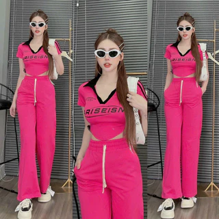 Set bộ quần dài mặc đi chơi, set áo thun tay ngắn cổ bẻ in chữ croptop mix quần dài ống rộng nhiều màu cá tính mtb