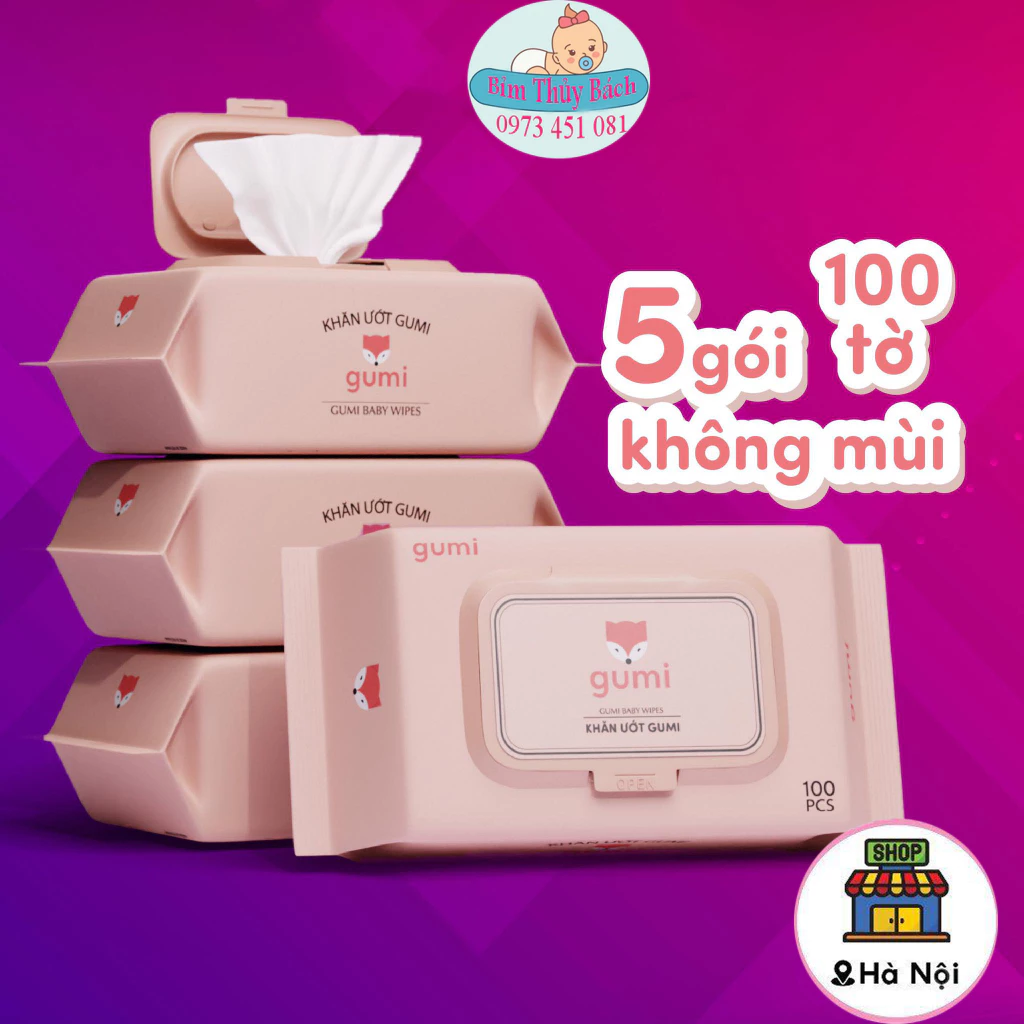 Bộ 5 gói khăn ướt Gumi không cồn không parabens cao cấp dành cho em bé