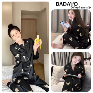 Đồ ngủ nữ bộ pijama mặc nhà lụa satin màu xanh than hoạ tiết cún sang chảnh BADAYO TC224