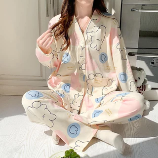 (HÀNG MỚI VỀ) Bộ Mặc Nhà Pyjamas Thiết Kế Cổ V Cài Khuy Chất Liệu Cotton Mềm Mịn, Thoải Mái