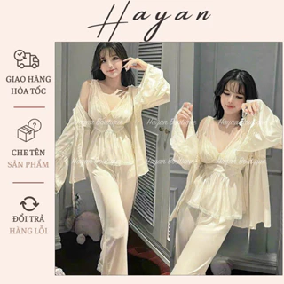 HT905 Bộ ngủ 3 món phối ren hách dáng kèm ĐỆM LÓT, set đồ ngủ lyly lụa tay loe sang chảnh HT905