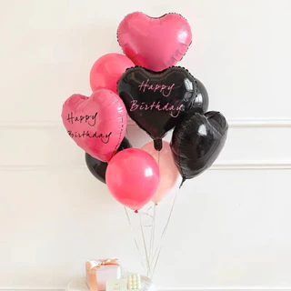 Bóng tim tone đen hồng mẫu mới có in chữ happy birthday