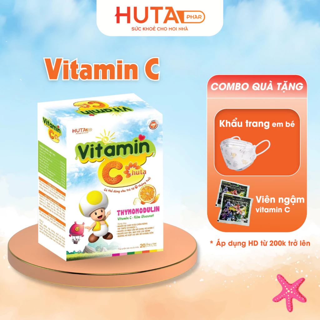 Vitamin C và kẽm cho bé - VITAMIN C HUTA PHAR (hộp 20 ống *10ml) -  tăng sức đề kháng cho trẻ giúp trẻ phát triển