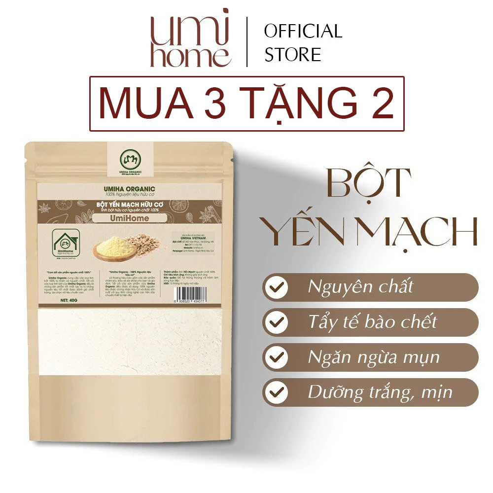 Bột Yến Mạch hữu cơ UMIHOME nguyên chất 40g đắp mặt nạ dưỡng trắng da, chống nám, giảm thâm mụn