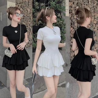 Sét bộ nữ dáng xoè cổ tròn tua rua xếp ly tầng chất vải thun cotton lạnh dày hot trend tôn da,tôn dáng cho các tình yêu