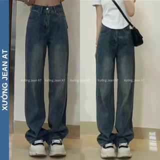 Quần Jean Nữ Ống Rộng Simple Jeans Lưng Cao Dáng Suông Phong Cách Retro Ulzzang Hàn Quốc Màu Xanh Mài Basic 552