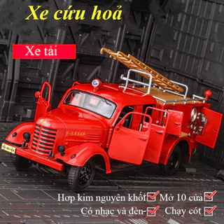 Mô hình xe cứu hoả KAVY bằng hợp kim nguyên khối có nhạc và đèn chạy cót mở được 10 cửa kèm thang