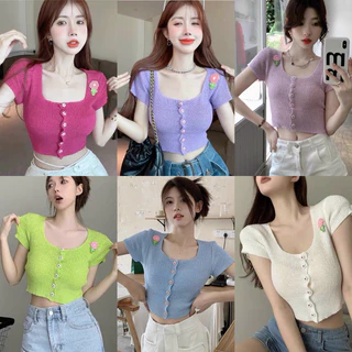 Áo len cổ vuông khuy hoa, Áo kiểu len dáng ôm sexxy AL8810 - NhiNhi Shop