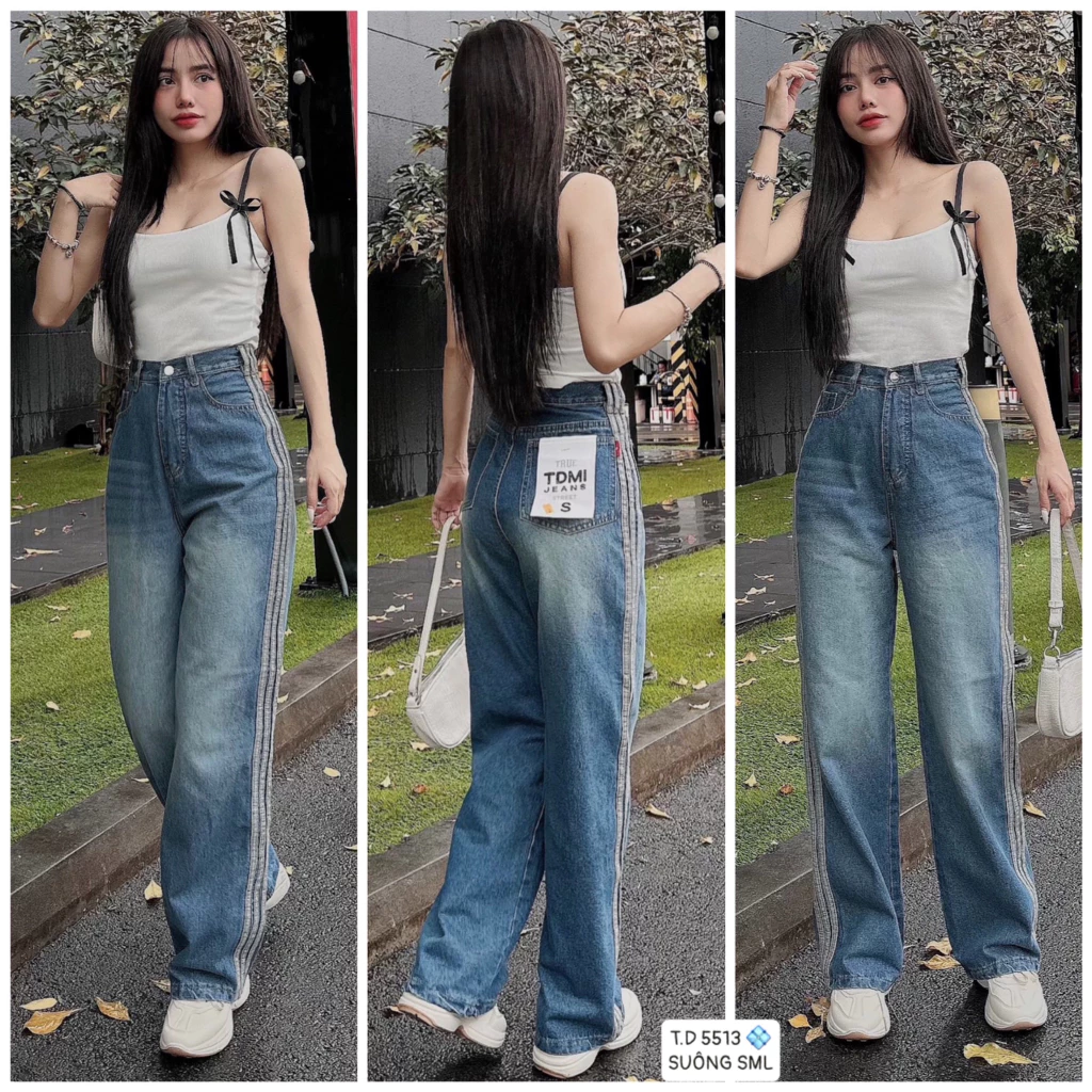 QUẦN JEANS NỮ ỐNG RỘNG, PHỐI VIỀN SỌC THỜI TRANG, CHẤT JEAN KHÔNG CO GIÃN