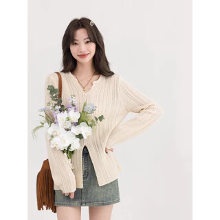 Áo dệt kim Herbi dài tay dáng dài cổ V cách kiểu phối xẻ tà xinh xắn thời trang nữ Hàn Quốc 2023