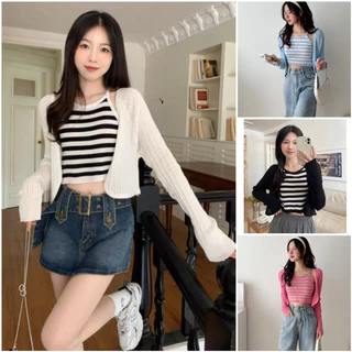 Set áo len cardigan mix cùng áo 2 dây kẻ