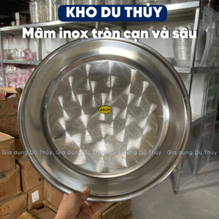 Mâm inox tròn size 44 - 52 cm, dùng làm mâm phục vụ, mâm đựng cơm canh chất liệu inox sáng bóng của gia dụng du thủy