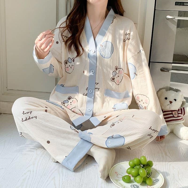 (HÀNG MỚI VỀ) Bộ Mặc Nhà Pyjamas Thiết Kế Cổ V Cài Khuy Chất Liệu Cotton Mềm Mịn, Thoải Mái