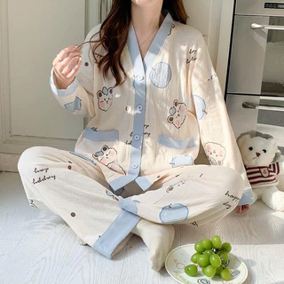 (HÀNG MỚI VỀ) Bộ Mặc Nhà Pyjamas Thiết Kế Cổ V Cài Khuy Chất Liệu Cotton Mềm Mịn, Thoải Mái