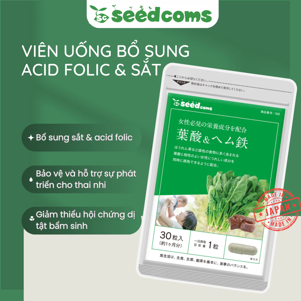 Viên uống Seedcoms bổ sung Acid Folic & Sắt tốt cho thai nhi và mẹ bầu 30 viên 30 ngày