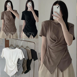 Áo Thun Nữ Minzee Fashion Áo Thun Trơn Cổ Tròn Nhúm Eo Vạt Chéo Bigsize 80kg MA3116