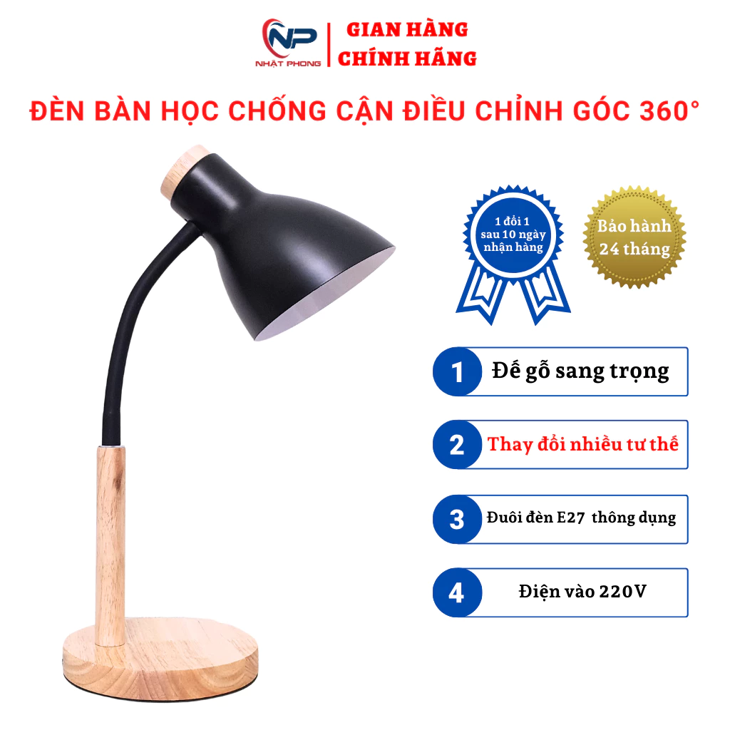 Đèn bàn học đế gỗ để bàn chống cận CỠ LỚN,thiết kế chắc chắn uốn cong 360°
