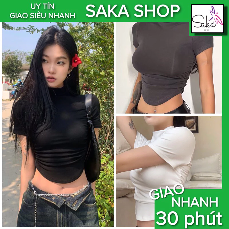 Áo thun croptop nữ nhún 2 bên cổ cao thun trơn co giãn