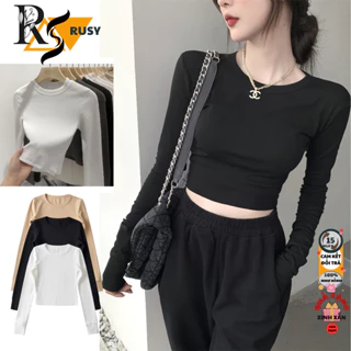 Áo Croptop Tay Dài Trơn Nữ Ôm Body Chất Tốt Rusy, Áo Thun gân kiểu nữ crt dài tay mặc đẹp