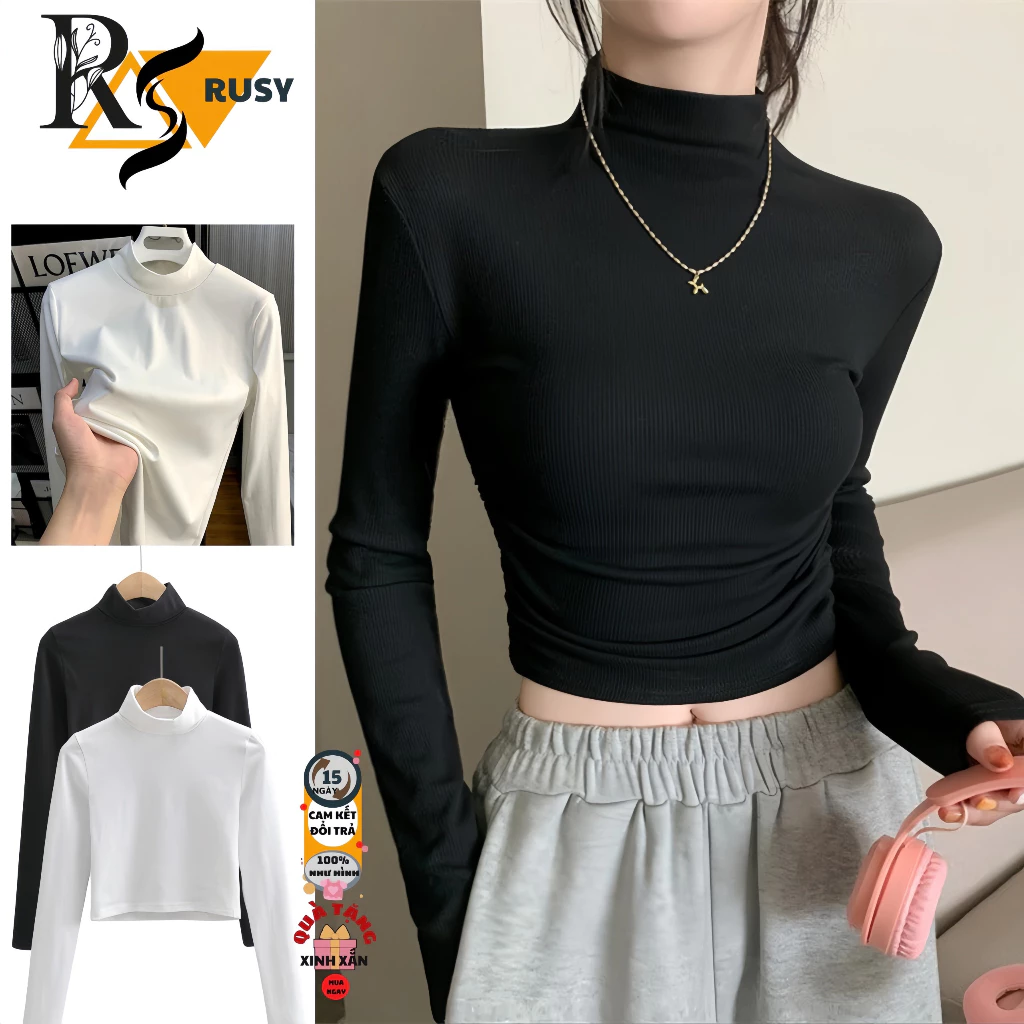 Áo Croptop Tay Dài Cổ Lọ Nữ Ôm Body Chất Tốt, Áo Thun kiểu nữ crt dài tay basic cá tính chất thun gân cao cấp dày dặn