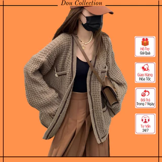 Áo cardigan unisex nữ, Áo khoác len dệt cổ chữ V dáng rộng hoạ tiết trơn phối viền thời trang Hàn Quốc - Mã TA046