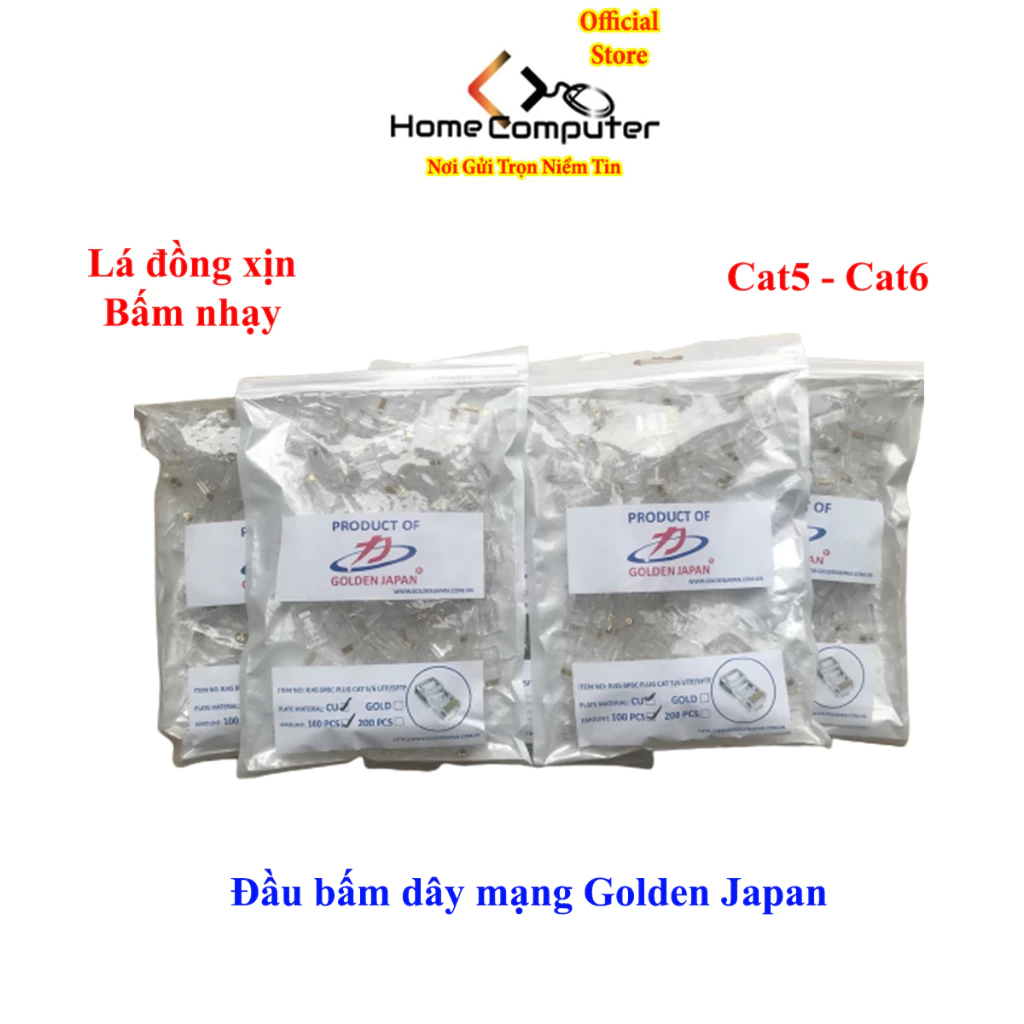 Hạt mạng, Đầu bấm dây mạng Golden Japan Cat5 / Cat6 túi 100 hạt, lá đồng dày bấm nhạy