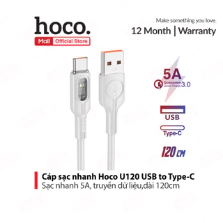 Cáp sạc nhanh tự ngắt Hoco U120 USB to Type-C hỗ trợ sạc nhanh 5A , truyền dữ liệu ,dài 120cm