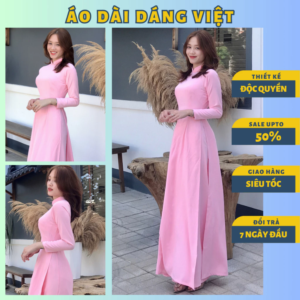 Áo dài hồng phấn pastel truyền thống nữ may sẵn lụa mỹ cao cấp co giãn mềm mịn