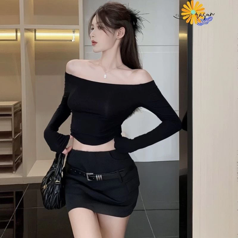 Áo Thun Tay Dài Trễ Vai Ôm Body , Áo Croptop Kiểu Sexy Chất Thun Borip Dày RASUN