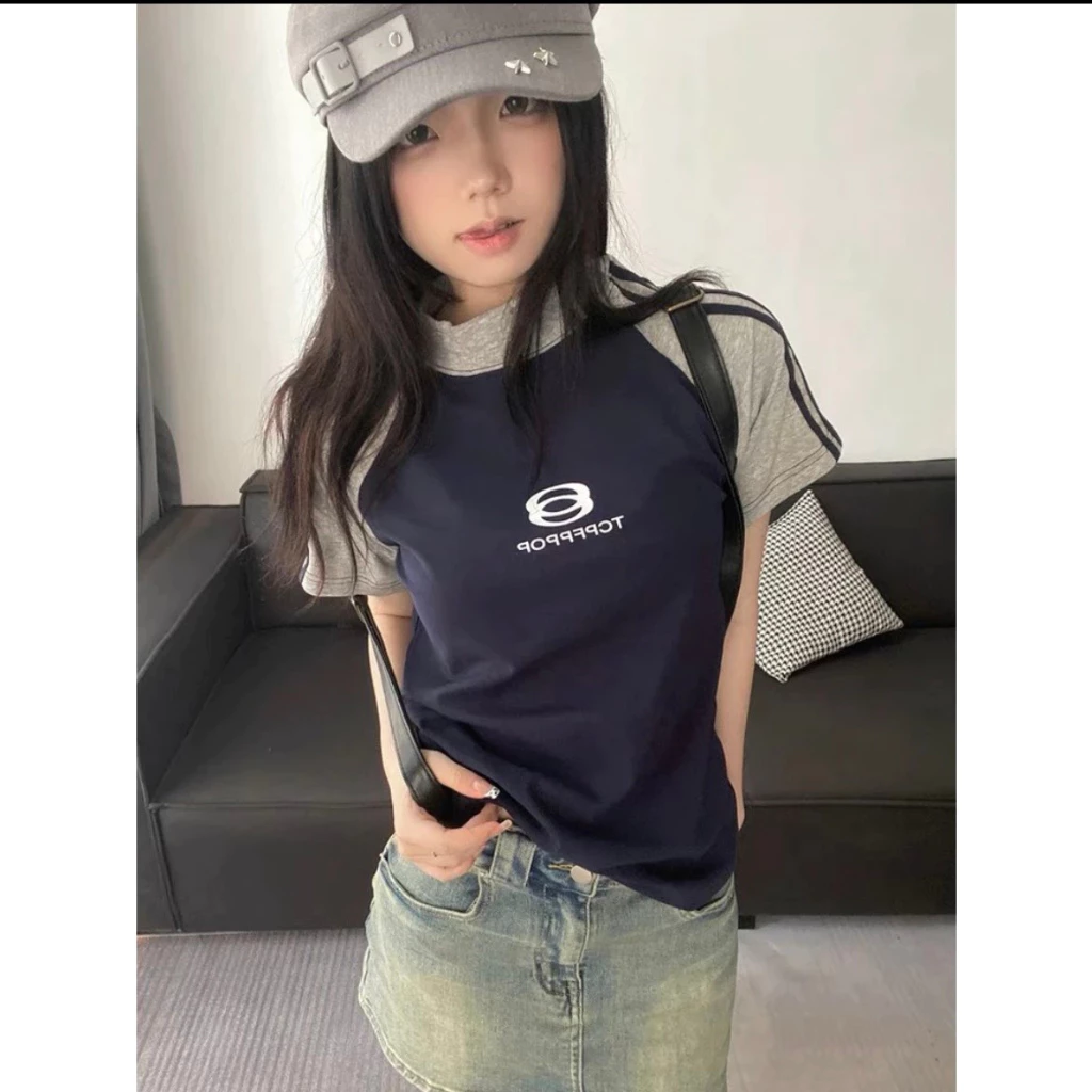 Áo phông ngắn tay baby tee nữ,áo thun rap lang phối màu in chữ TCR màu xanh chất cotton dày dặn