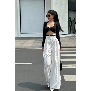 Áo Kiểu Dài Tay Dáng Croptop Chất Cotton Co Giãn 4 Chiều Cổ Hở "KIRA"