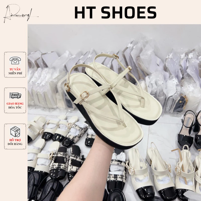 Giày Sandals xỏ ngón C đế bánh mì đế bằng 3.5cm chất liệu da Pu phối khoá xăng đan kẹp xỏ ngón mới 2023 #2023