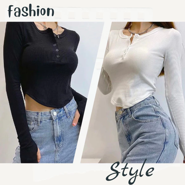 Áo thun bigsize tay dài dáng croptop cổ tròn có nút khuya, chất gân tăm co giãn tốt, dáng ôm tạo phong cách sexy - G11