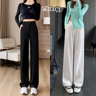 Quần ống rộng nữ Chelgy dáng suông lưng cao cạp chun sau baggy, quần vải nữ dài culottes ống xuông màu đen CG-VR401