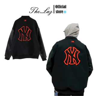 Áo Khoác Bomber MLB NY Logo Thêu Cam Phối Tay Da Chất Dạ-Áo Bomber Dạ Form Rộng Nam Nữ Cao cấp