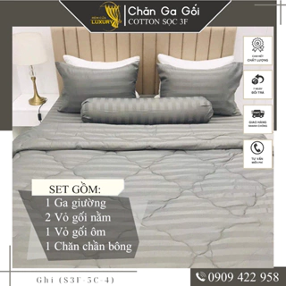Bộ ga giường 5 món cotton kẻ sọc 3f chuyên dùng cho khách sạn miễn phí bo chun REMCUALUXURY
