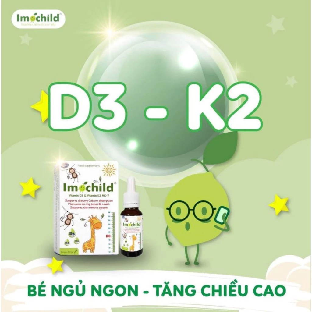 Vitamin D3 K2 MK7 có bổ sung DHA Imochild giúp bé tăng chiều cao, xương chắc khỏe, cải thiện trí não lọ 20ml