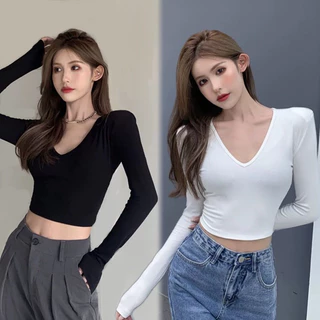 ÁO CROPTOP CỔ TIM TAY DÀI SIÊU XINH