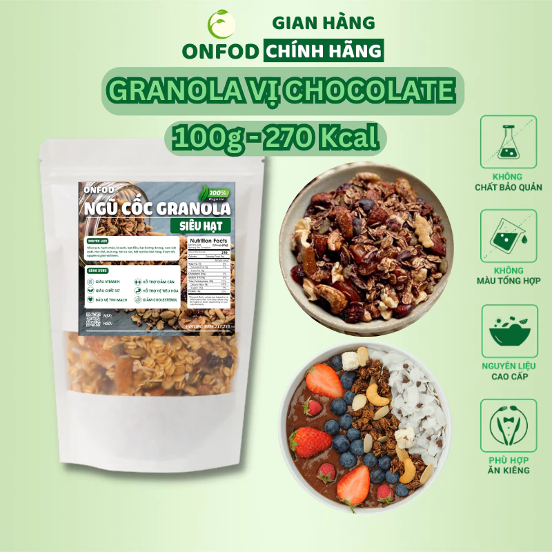 Ngũ cốc granola siêu hạt ONFOD vị chocolate, dành cho người tiểu đường, ăn kiêng, giảm cân 250g 500g