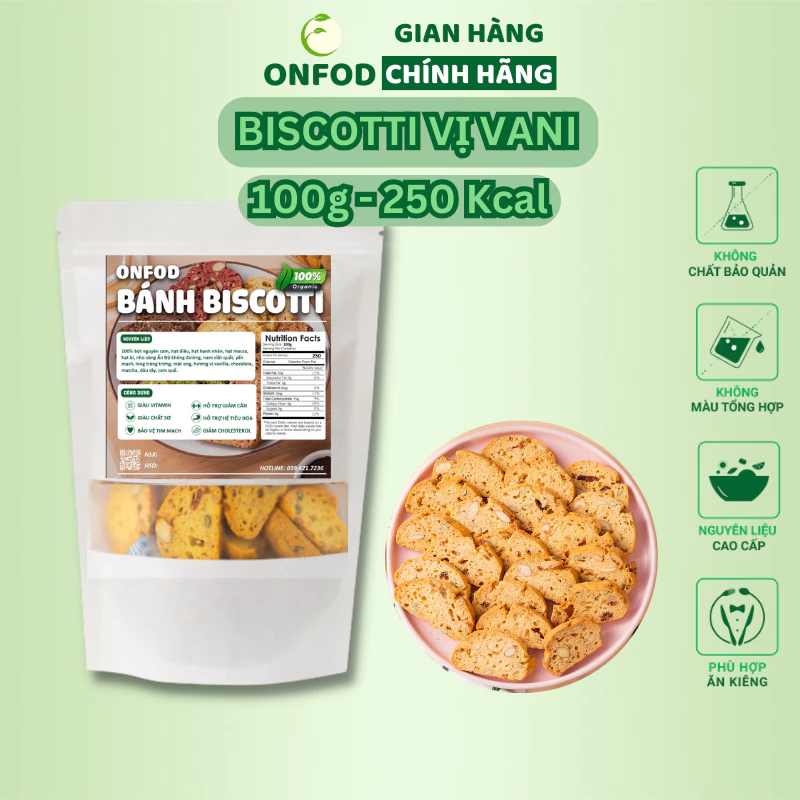 Bánh ăn kiêng biscotti ONFOD vị vani dành cho người tiểu đường, giảm cân, eat clean 250g 500g