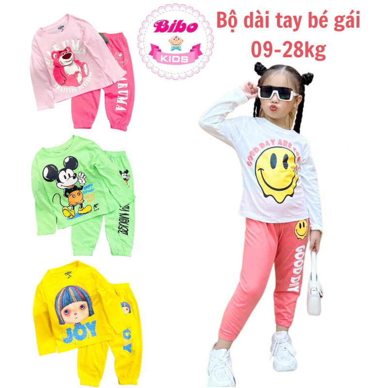 [09-28kg] Bộ dài tay bé gái thun cotton mền mịn mát, phong cách Hiphop siêu dễ thương. Đồ ngủ tay dài quần dài thu đông