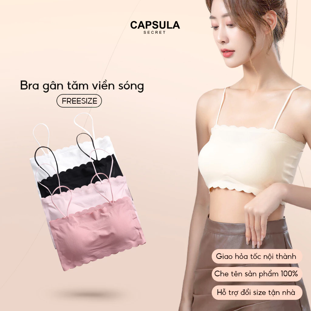 Áo croptop hai dây nữ, Áo bra gân tăm lạnh viền sóng mềm mại đệm mút tháo rời sexy gợi cảm