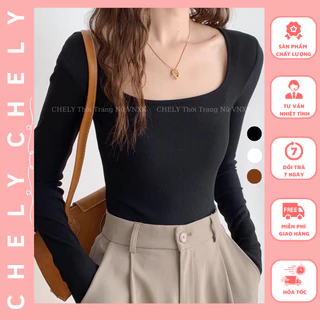 Áo Thun Nữ CropTop Dài Tay Chely Cổ Vuông  , Cổ Tròn Borip Co Giãn Đơn Giản Basic Trẻ Trung Năng Động - CHELY40